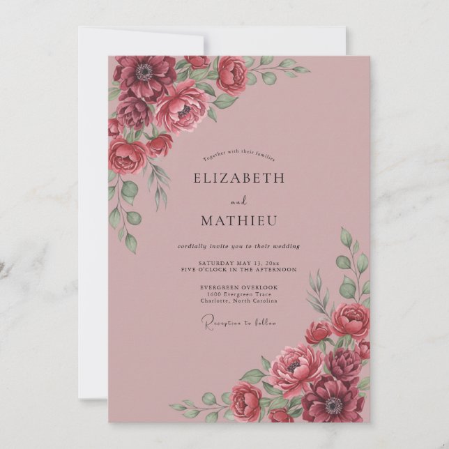 Burgundy Velvety Botanical Wedding Invitation (Front)