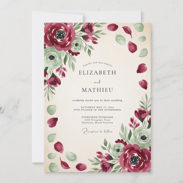 Burgundy Verdant Romantic Botanical Wedding Invitation (Front)