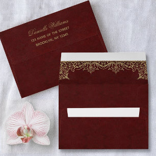 Burgundy Vintage Elegant Gold Return Address Red Envelope
