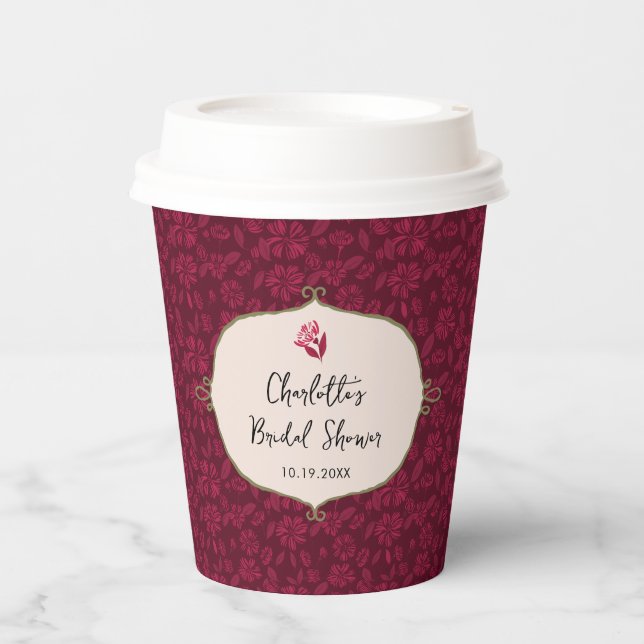 Burgundy Vintage Floral Bridal Shower Paper Cups (Front)