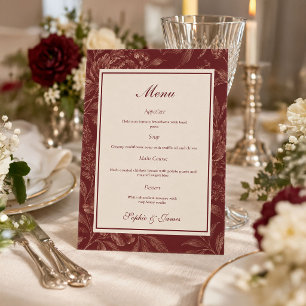 Burgundy Vintage Floral Fall Wedding Reception Menu