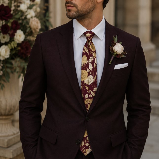 Burgundy Vintage Golden Floral Pattern Tie (Creator Uploaded)