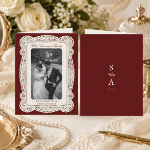 Burgundy Vintage Lace Old Money Wedding Photo Thank You Card