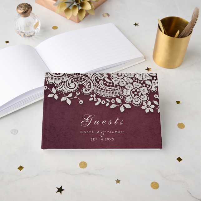 Burgundy vintage lace rustic wedding guest book (Front Open)