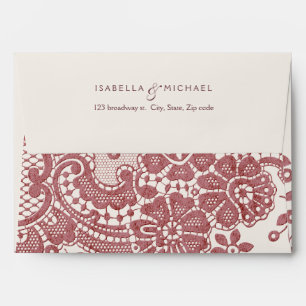 Burgundy vintage lace wedding return address envelopes