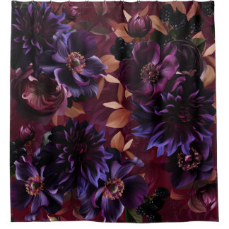 Burgundy Vintage Maximalist Flower Night Garden Shower Curtain