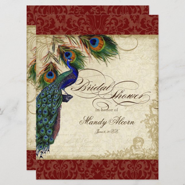 Burgundy Vintage Peacock Feathers Bridal Shower Invitation (Front/Back)