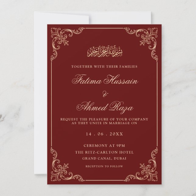 Burgundy Vintage Romantic Script Muslim Wedding Invitation (Front)