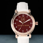 Burgundy Vintage style Monogram Couple names  Watch<br><div class="desc">Personalized watch with the names of the bride and groom or the couple in love. This watch can be customized by changing the text with the name of the loved one or the wedding date. It can be an ideal gift for newlyweds or for silver or golden wedding anniversaries. Monogram...</div>