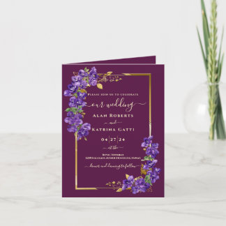 Burgundy Violet Floral Gold Folded Invitation