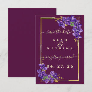 Burgundy Violet Floral Gold Frame Elegant Wedding Save The Date