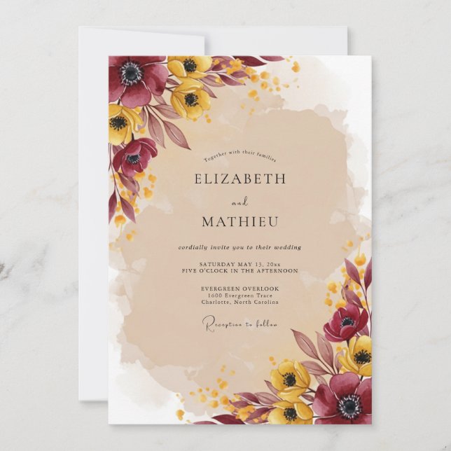 Burgundy Vivid Autumnal Wedding Invitation (Front)