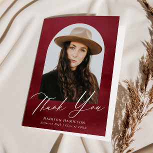 Burgundy Watercolor Arch Photo Graduation Thank You Card