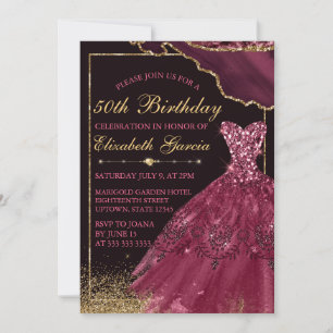 Burgundy Watercolor Dress & agate Birthday Invitation