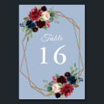 burgundy watercolor dusty blue geometric wedding table number<br><div class="desc">a lovely geometric floral frame with watercolor dusty blue and burgundy flowers. The text and colours on this card can be personalised.</div>