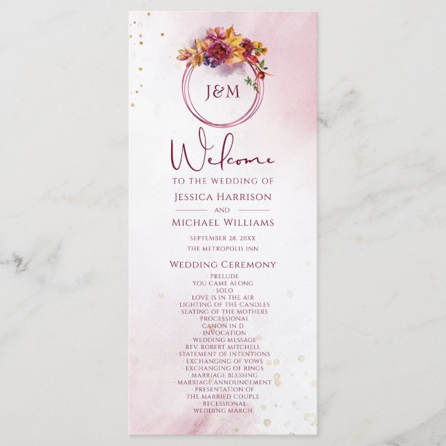 Burgundy Watercolor Fall Bouquet Elegant Wedding Programme (Front)