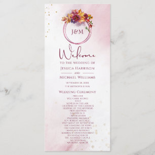Burgundy Watercolor Fall Bouquet Elegant Wedding Programme