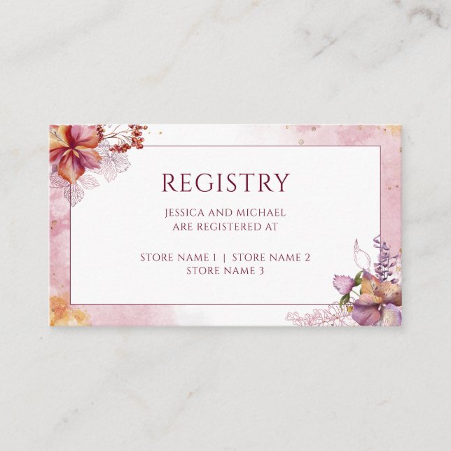 Burgundy Watercolor Fall Bouquet Wedding Registry Enclosure Card (Front)