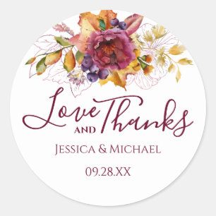 Burgundy Watercolor Fall Elegant Love And Thanks Classic Round Sticker