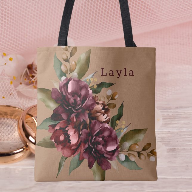 Burgundy Watercolor Fall Floral Bouquet Bridesmaid Tote Bag (Creator Uploaded)