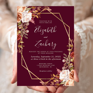 Burgundy Watercolor Fall Floral Gold Frame Wedding Invitation