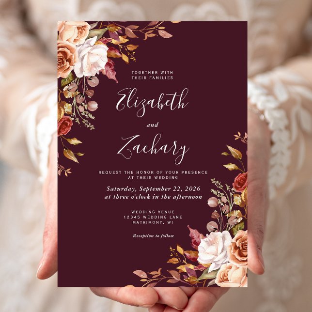 Burgundy Watercolor Fall Floral Wedding Invitation (Creator Uploaded)