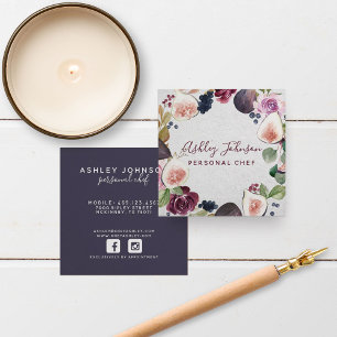 Burgundy Watercolor Fig & Flower Wreath Typography Square Business Card
