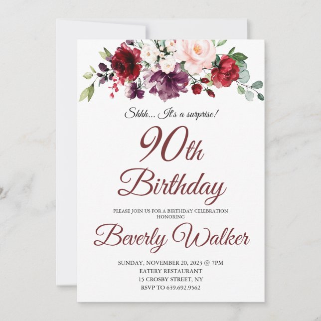 Burgundy Watercolor Floral 90th Surprise Birthday  Invitation (Front)