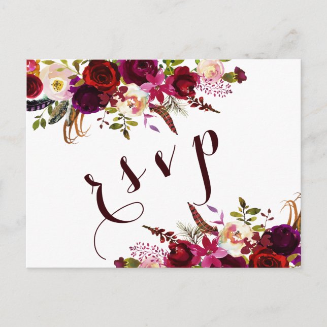 Burgundy Watercolor Floral Autumn Wedding RSVP Invitation Postcard (Front)