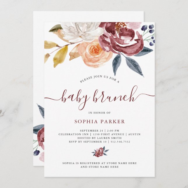 Burgundy Watercolor Floral | Baby Brunch Invitation (Front/Back)