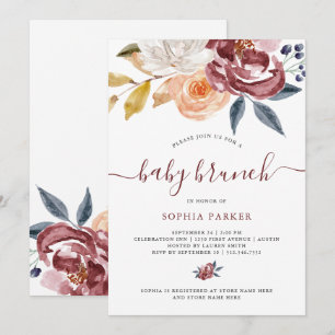 Burgundy Watercolor Floral   Baby Brunch Invitation