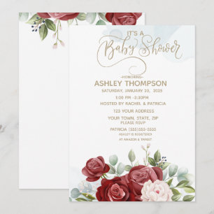 Burgundy Watercolor Floral Baby Shower     Invitation