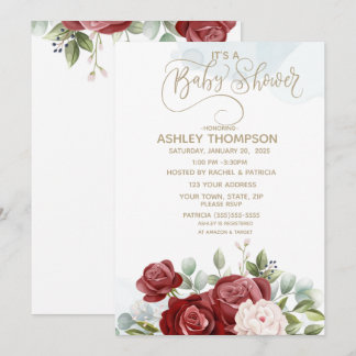 Burgundy Watercolor Floral Baby Shower Invitation
