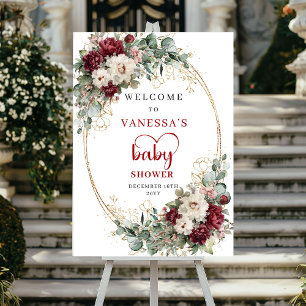 Burgundy Watercolor Floral Baby Shower Welcome Poster