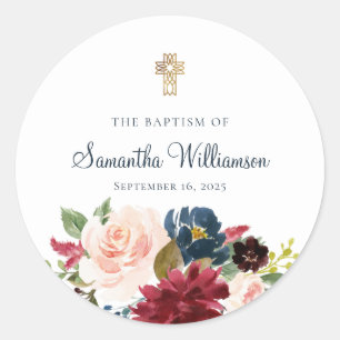 Burgundy Watercolor Floral Baptism Classic Round Sticker