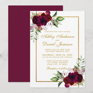 Burgundy Watercolor Floral Boho Gold Wedding Invitation