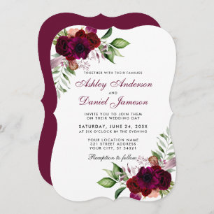 Burgundy Watercolor Floral Boho Wedding B Invitation