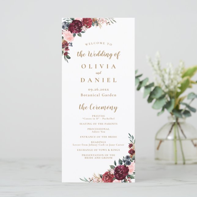 Burgundy watercolor floral boho wedding program menu (Standing Front)