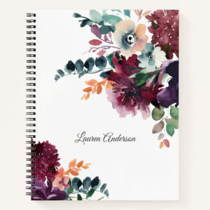 Burgundy Watercolor Floral Bouquets with Your Name Notebook