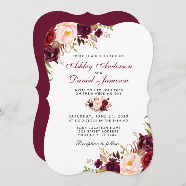 Burgundy Watercolor Floral Bracket Wedding Invitation (Front/Back)