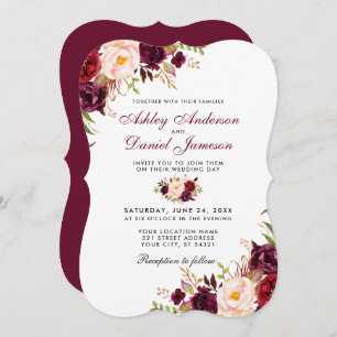 Burgundy Watercolor Floral Bracket Wedding Invitation