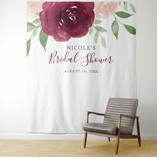 Burgundy Watercolor Floral Bridal Shower Backdrop Tapestry