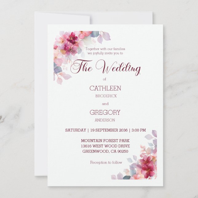 Burgundy Watercolor Floral Calligraphy Wedding Invitation (Front)
