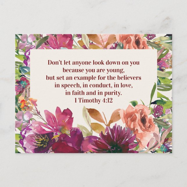Burgundy Watercolor Floral Christian Bible Verse Postcard (Front)