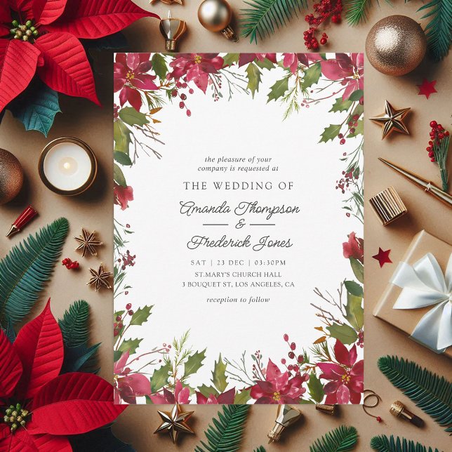 Burgundy Watercolor Floral Christmas Wedding Invitation (Burgundy Watercolor Floral Christmas Wedding Invitation)
