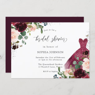 Burgundy Watercolor Floral Dress Bridal Shower Invitation