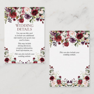 Burgundy Watercolor Floral Drop Wedding Details Enclosure Card