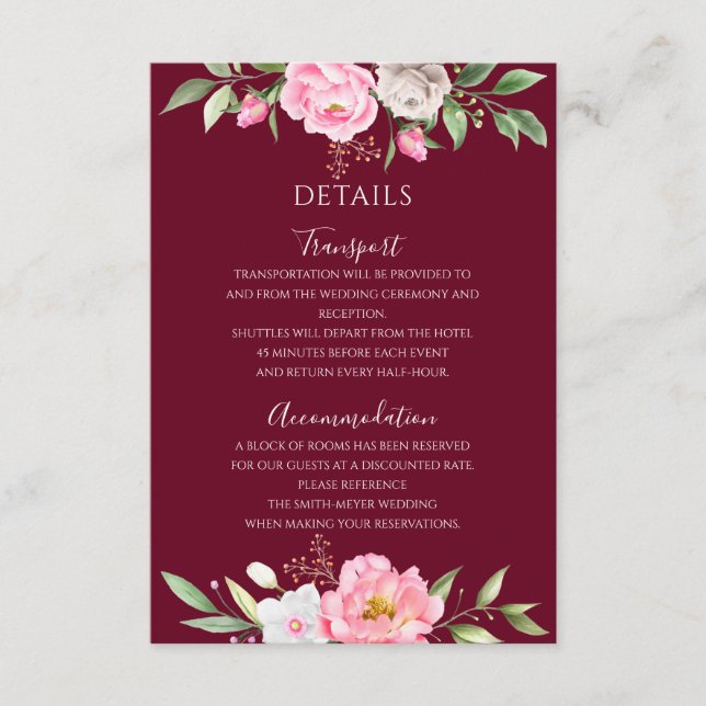 Burgundy Watercolor Floral Elegant Wedding Details Enclosure Card (Front)