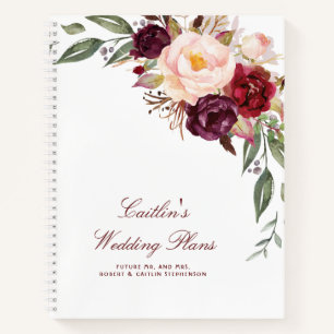 Burgundy Watercolor Floral Elegant Wedding Notebook