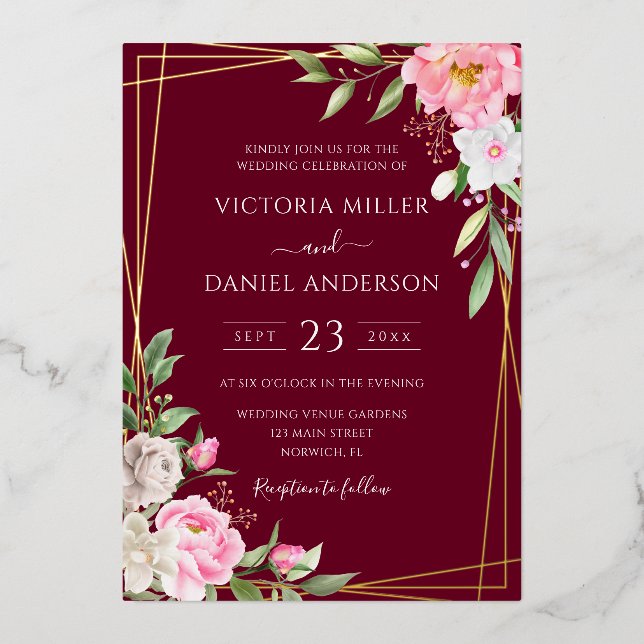 Burgundy Watercolor Floral Geometric Gold Wedding (Front)